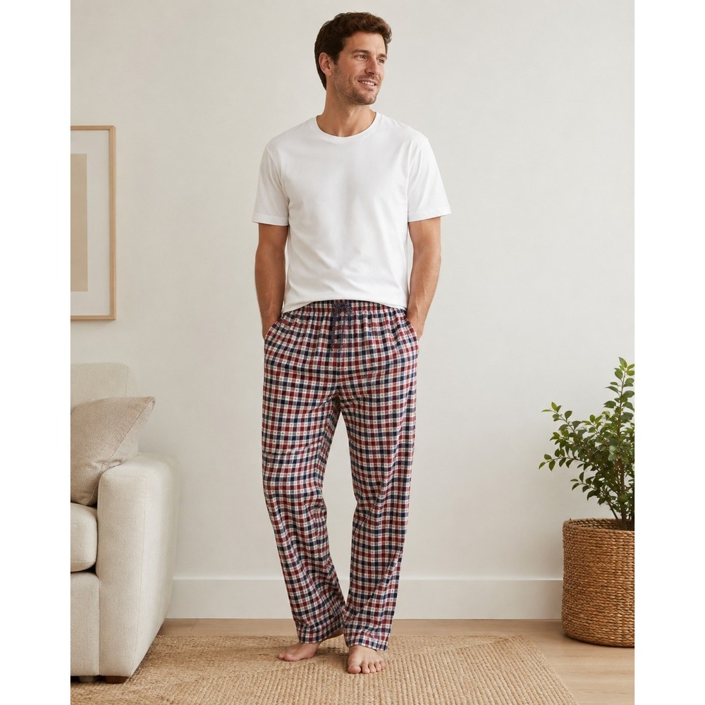 VK NAGRANI Luxury Men's Large Plaid Pajama Pants Red Blue Check Pima Cotton Peru